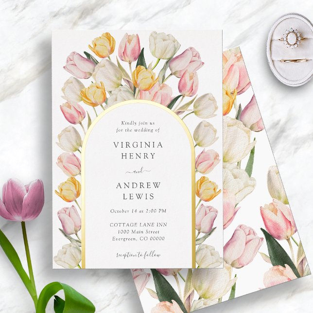 Spring Floral Wedding (Watercolor Tulip Gold Foil Wedding Invitation by Painted Paperie)