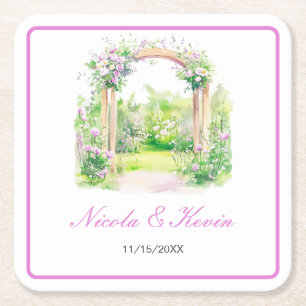 Spring Floral Wedding Arch Square Paper Coaster
