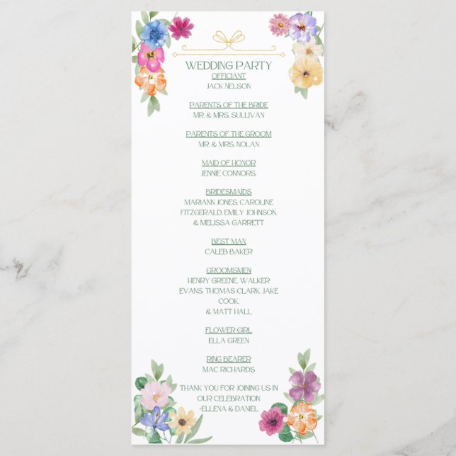 Spring Floral wildflower wedding program Programme (Back)
