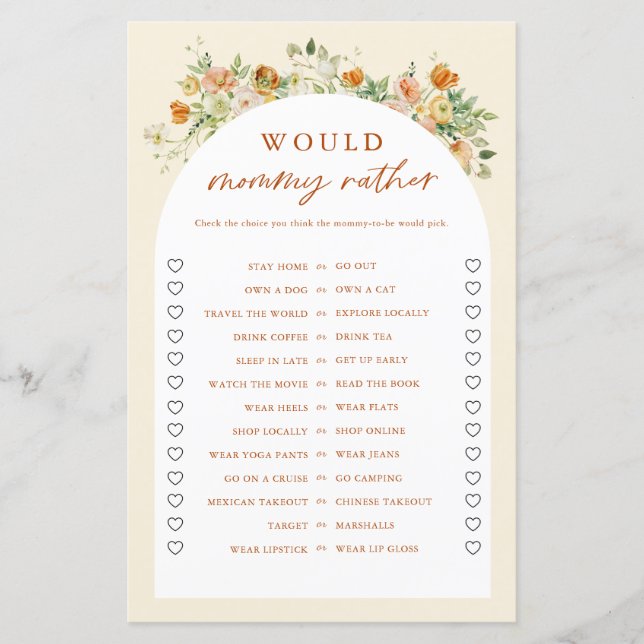 Spring Floral Would Mummy Rather Baby Shower Game (Front)