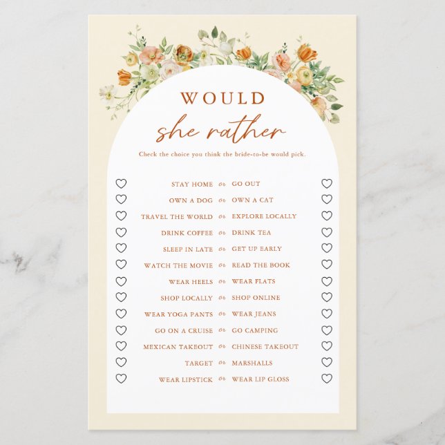 Spring Floral Would She Rather Bridal Shower Game (Front)