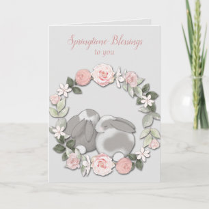 Spring Floral Wreath Bunnies Easter Card