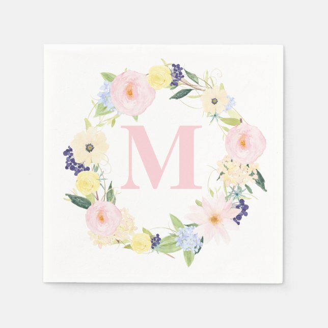 Spring Floral Wreath Monogram Wedding Napkins (Front)