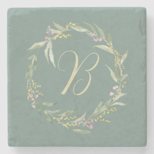 Spring Floral Wreath with Initial Stone Coaster