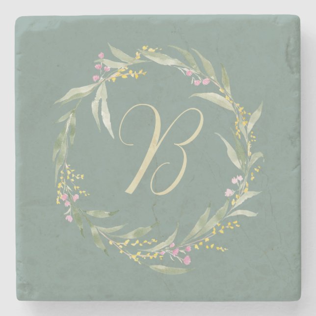 Spring Floral Wreath with Initial Stone Coaster (Front)