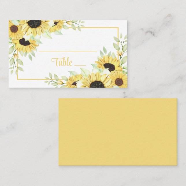Spring Floral Yellow Watercolor Sunflower Wedding  Place Card (Front/Back)