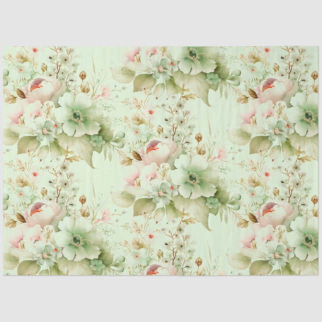 Spring Florals Pink, Pale Green on White Decoupage Tissue Paper (Front)