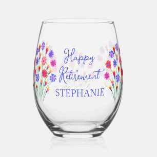 Spring Flower Bouquet Happy Retirement Stemless Wine Glass