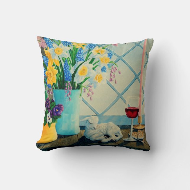 Spring flower bouquet, Lamb of God/wine/passover Cushion (Front)