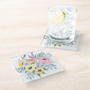 Spring Flower Bouquet   Pretty Floral Watercolor Glass Coaster