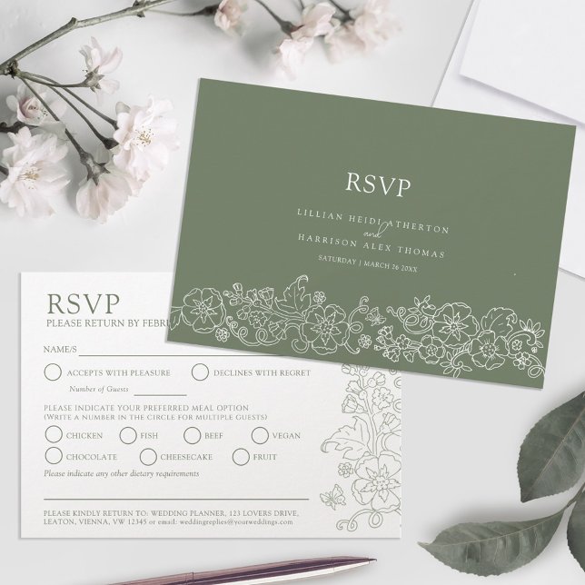 Spring flower butterflies art wedding green meal  RSVP card (Creator Uploaded)
