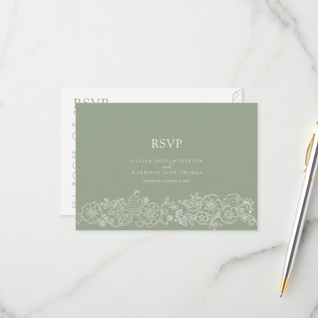 Spring flower butterflies art wedding green meal  RSVP card (Front/Back In Situ)