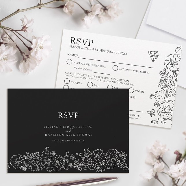 Spring flower butterfly wedding meal option black RSVP card (Creator Uploaded)