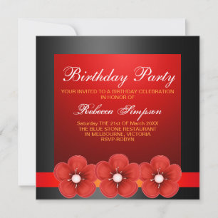 Spring Flower Design Black/Red Birthday Invite