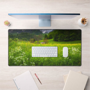 Spring flower field under mountain Krn Desk Mat