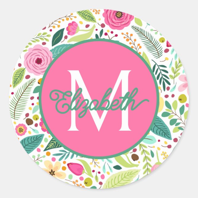 Spring Flower Garden Monogram Classic Round Sticker (Front)