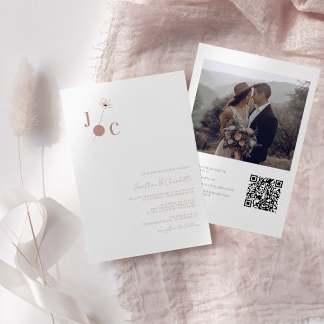 Spring Flower Monogram & Photo QR Code Wedding Invitation (Creator Uploaded)