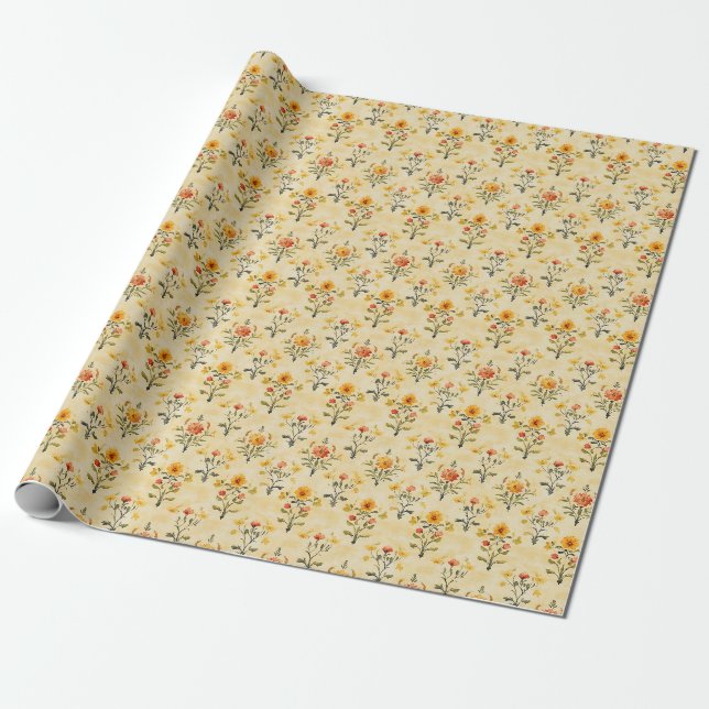 Spring Flower Motifs on Yellow Wrapping Paper (Unrolled)