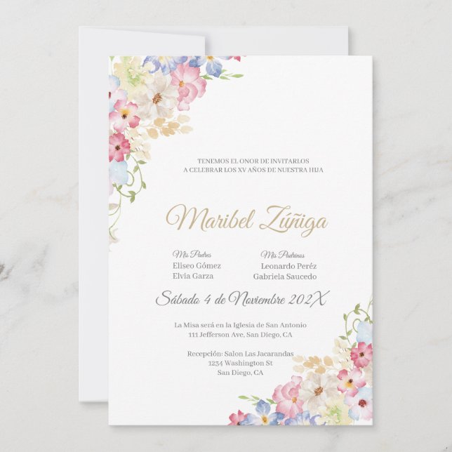Spring flower Quinceanera invitation (Front)