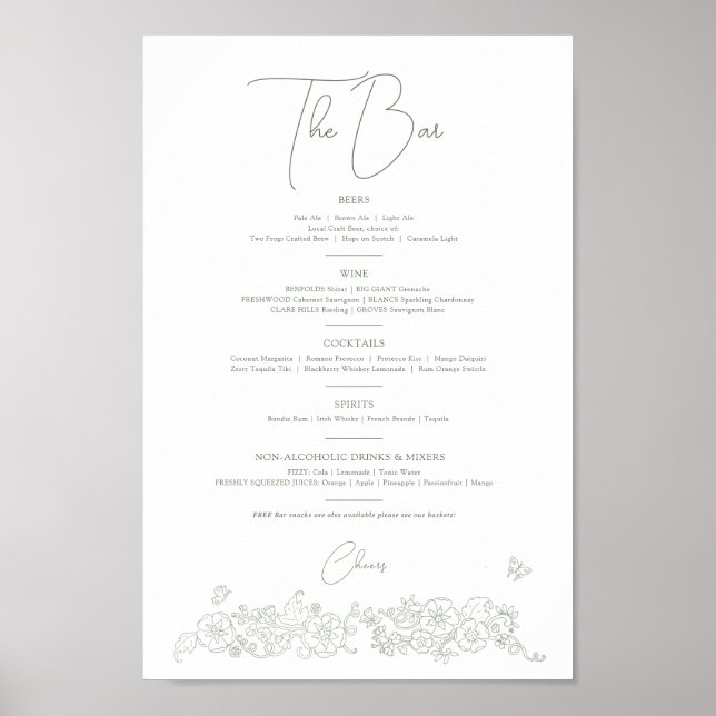 Spring flower sage white wedding drinks bar menu poster (Front)