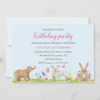 Spring Flower Sweet Animal Kids Birthday Invite