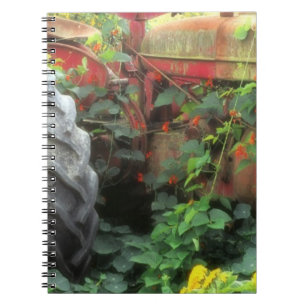 Spring flowers adorn an old tractor. notebook