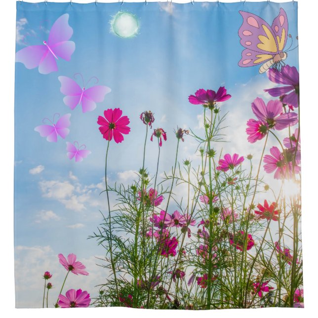 spring flowers and butterfly shower curtain (Front)