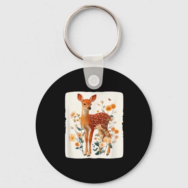 Spring flowers and fawn deer graphic costume  key ring (Front)