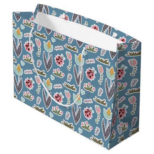 Spring Flowers and Ladybug Pattern Large Gift Bag (Back Angled)