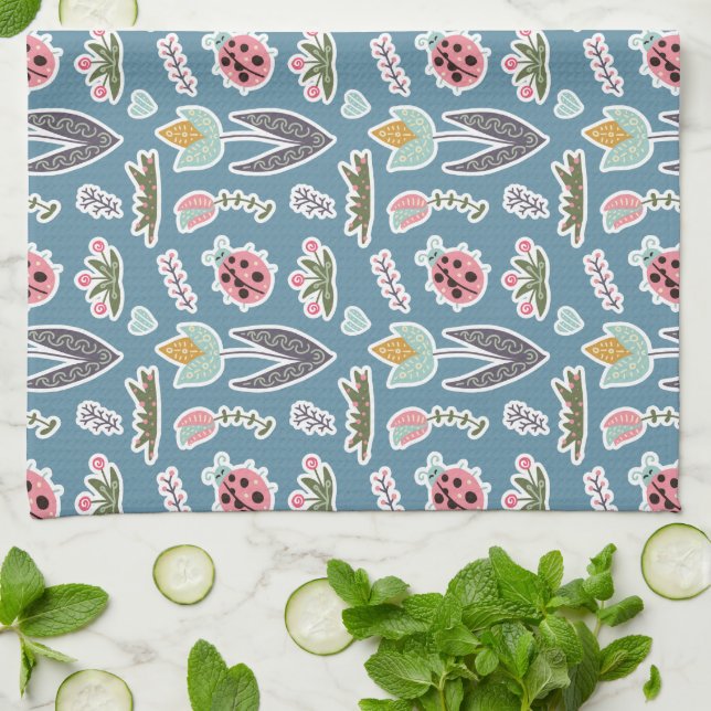 Spring Flowers and Ladybug Pattern Tea Towel (Folded)
