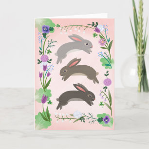 Spring Flowers and Leaping Rabbits Card