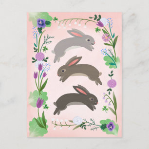 Spring Flowers and Leaping Rabbits Postcard