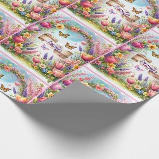 Spring Flowers Banner with Name Happy Birthday Wrapping Paper