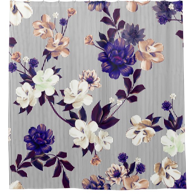 Spring Flowers Black Silhouette Pattern Shower Curtain (Front)