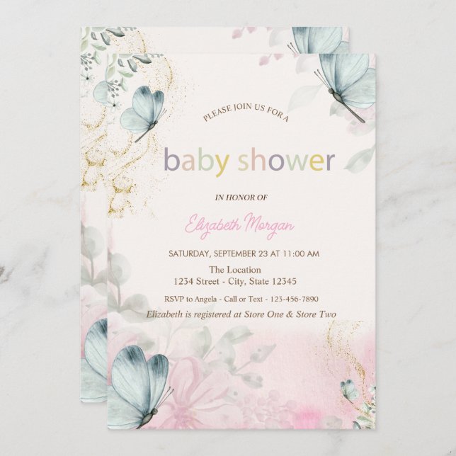  Spring Flowers Blue Butterflies Baby Shower Invitation (Front/Back)
