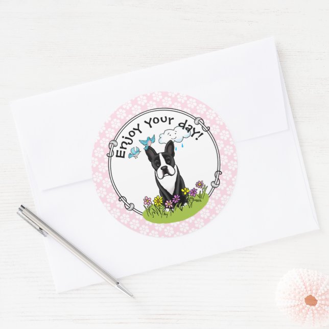 Spring Flowers Boston Terrier Dog (black) Cute Classic Round Sticker (Envelope)