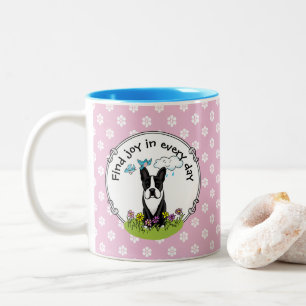 Spring Flowers Boston Terrier Dog (black) Cute Two-Tone Coffee Mug