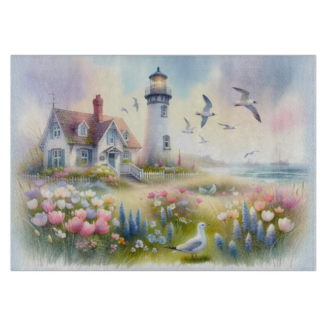 Spring Flowers by Lighthouse Coastal Cottage Cutting Board (Front)