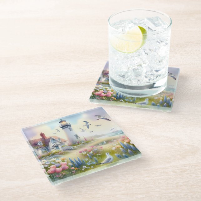 Spring Flowers by Lighthouse Coastal Cottage Glass Coaster (Angled)