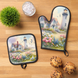Spring Flowers by Lighthouse Coastal Cottage Oven Mitt & Pot Holder Set