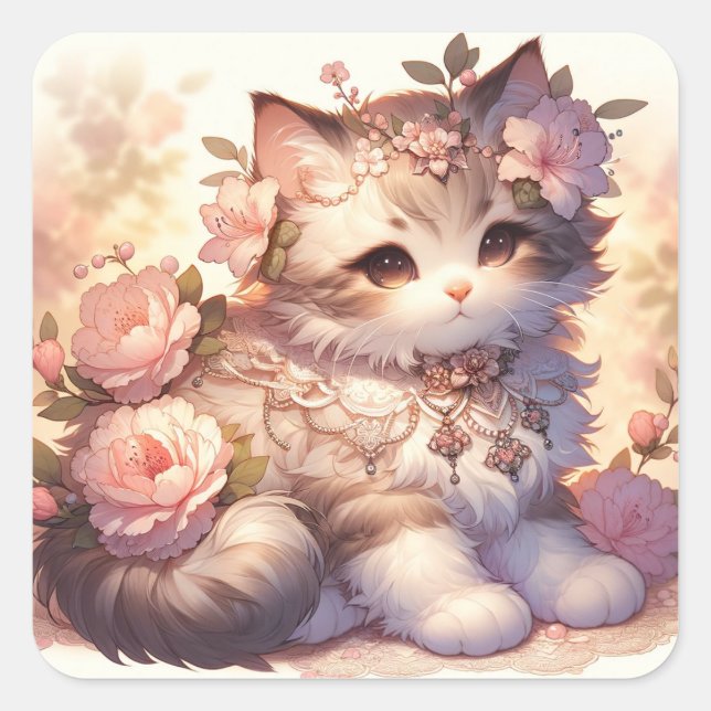 Spring Flowers Cat Square Sticker (Front)