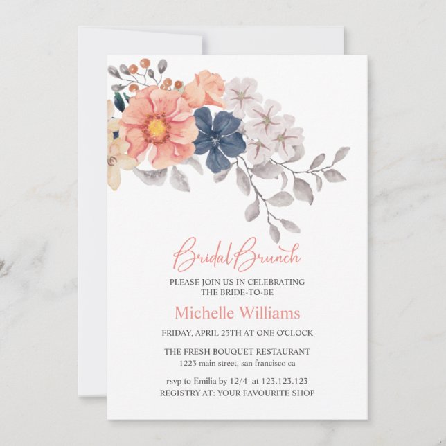 Spring Flowers Coral Navy Bridal Brunch Invitation (Front)