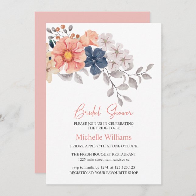 Spring Flowers Coral Navy Bridal Shower Invitation (Front/Back)