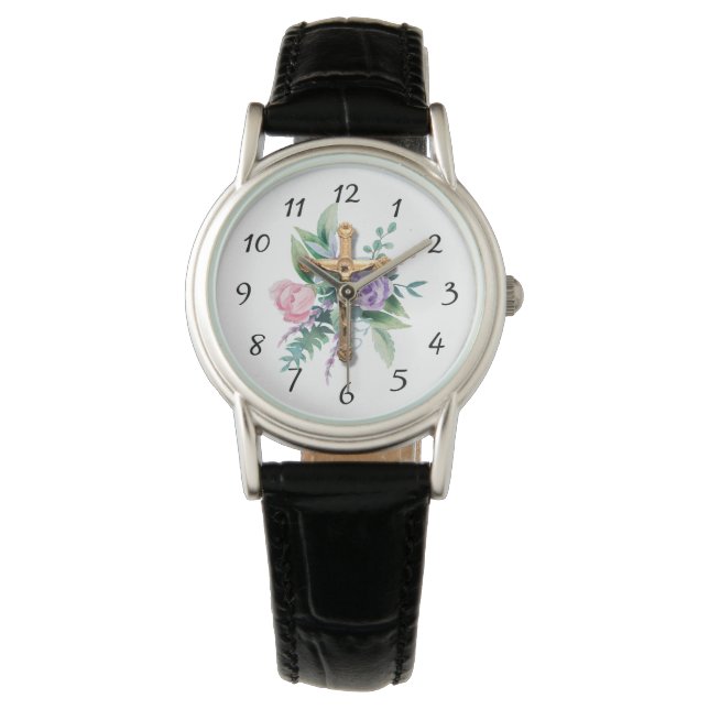 Spring Flowers | Crucifix | Religious Watch (Front)