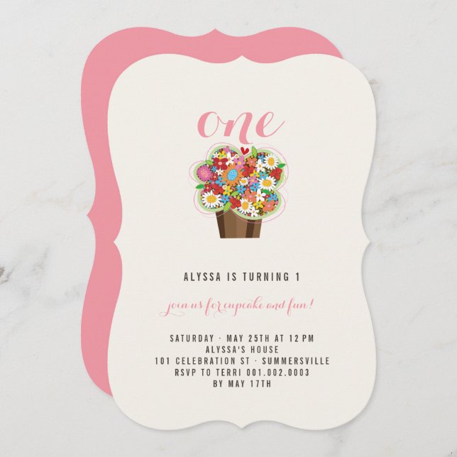 Spring Flowers Cupcake 1st Birthday Party Invite (Front/Back)