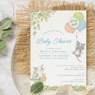 Spring Flowers   Cute Kittens Boy Baby Shower Invitation
