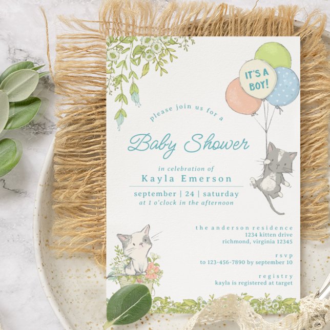 Spring Flowers | Cute Kittens Boy Baby Shower Invitation (Creator Uploaded)