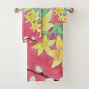 Spring Flowers - Daffodils, Willow, Violets Bath Towel Set