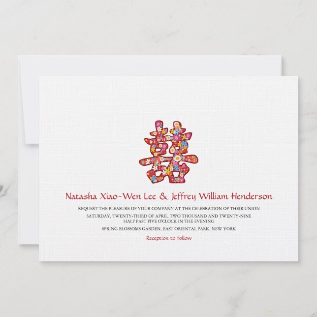 Spring Flowers Double Happiness Chinese Wedding Invitation (Back)