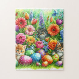 Spring Flowers Easter Eggs and Kittens in Garden Jigsaw Puzzle